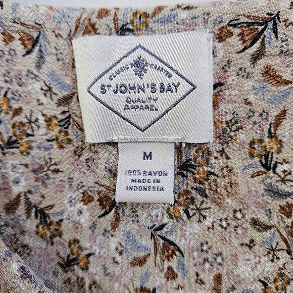 St. John's Bay Tan Floral Top Size M Long Sleeve Casual Cottagecore Boho Earthy - Picture 4 of 9